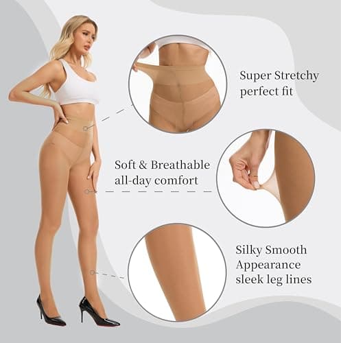 HeyUU 40D T-Crotch Sheer Pantyhose for Women, High Waist Stretchy Silky Stockings with Durable Reinforced Toes Black+Natural L-XL — view 2