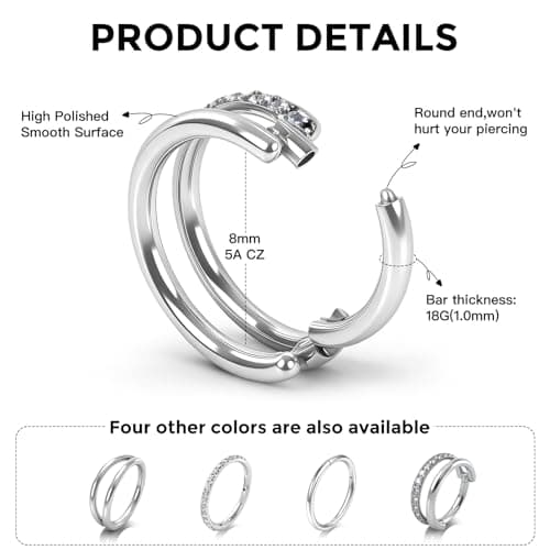 TOOUT Titanium Nose Rings 4pcs, 18g Double Hoop Nose Ring for Women Men, Hypoallergenic Septum Rings Septum Hoop Daith Cartilage Conch Ring Tragus Helix Rook Piercing Jewelry 8mm — view 2