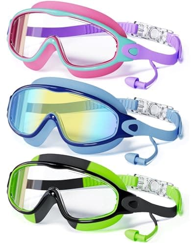 CMBJJU 3 Pack Swimming Goggles, Kid Goggles with Earplugs Large Frame Anti-Fog/UV Wide View Swim Goggles Boys Girls 6-14 (3PACK-Purple+Colorful Blue+Green-SG09)