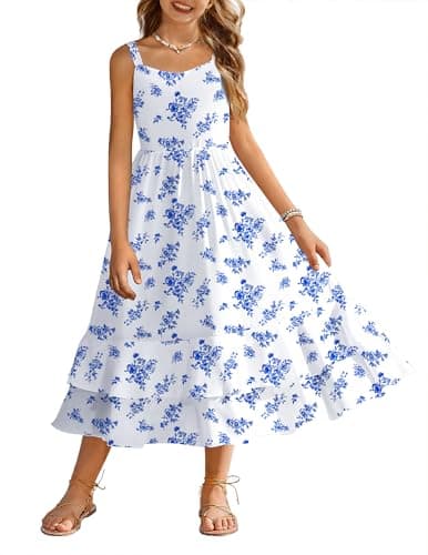 Arshiner Girls Floral Print Dress Casual Sleeveless Summer Sundress with Pockets for 11-12 Y Blue Floral