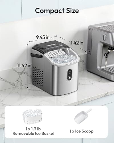 EUHOMY Ice Maker Countertop, Portable Ice Machine with Carry Handle, 26.5lbs Per Day, 9 Cubes in 6 Mins, Auto-Cleaning, with Basket and Scoop, for Home, Kitchen, Camping, RV (Silver) — view 7