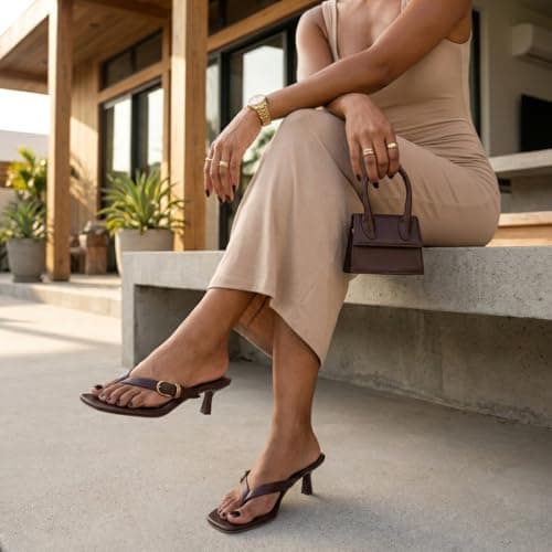 CUSHIONAIRE Marlin Low Kitten Heels for Women, Thong Style Dressy Heeled Womens Sandals with Adjustable Buckle Closure, CHOCOLATE 8