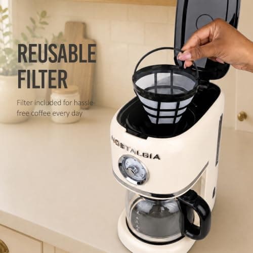 Nostalgia Classic Retro 10 Cup Coffee Maker - One-Touch Drip Brew, Reusable Filter - Anti-Drip, Auto Shutoff, & Time Display - Dishwasher Safe 50 oz Carafe - Cream — view 6