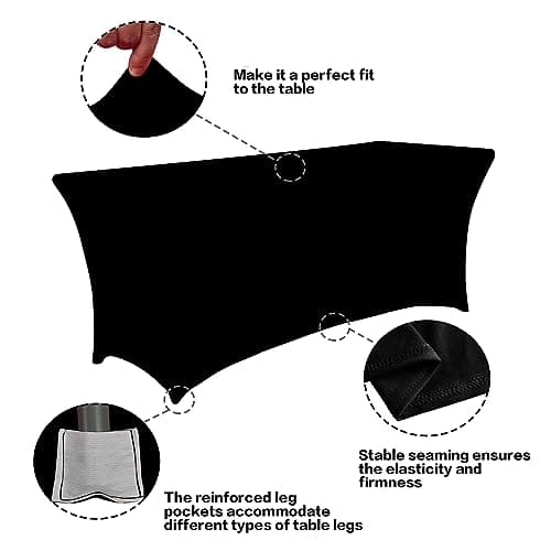 IVAPUPU 4FT Spring Table Cloth for Rectangular Fitted Events Stretch Black Table Covers Washable Cover Spandex Tablecloth Protector for Party, Wedding, Cocktail, Banquet, Festival