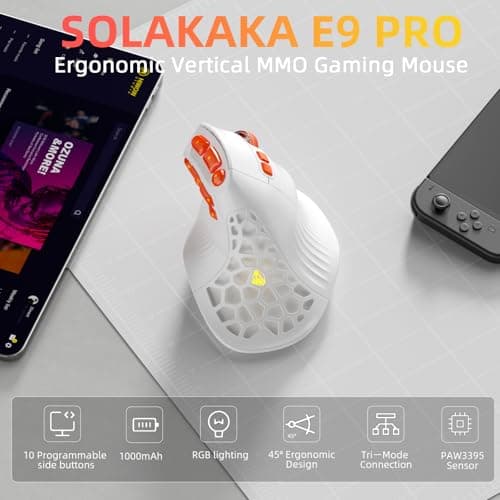 SOLAKAKA E9 PRO Vertical MMO Gaming Mouse - Ergonomic Wireless Mouse with 10 Side Buttons,PAW3395 36000 DPI Sensor,45°Grip,Tri-Mode 2.4G/BT/Wired, RGB,1000mAh Rechargeable Mouse for PC/Mac - White — view 3
