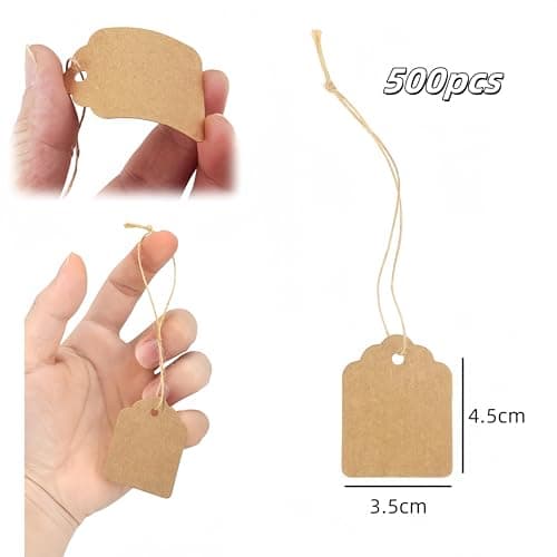 Tags with String, 500 Pieces Price with String Attached,35x45mm, Kraft Paper Hanging String Display Tags for Pricing Gift Jewelry Clothing Yard Sale Products Shoes Teabags DIY Crafts(Brown)