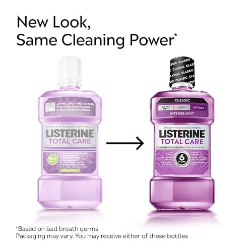Listerine Mouthwash Total Care Anti Cavity Treatment for Adults Kills 99.9% of Bad Breath Germs in Intense Mint Antibacterial Fluoride Mouthwash, 2 pack of 33.8 fl oz​