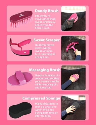 Shinewell Horse Grooming Kit, Complete Horse Brush Set, Equine Grooming Tools for Shedding & Daily Care Pink — view 2