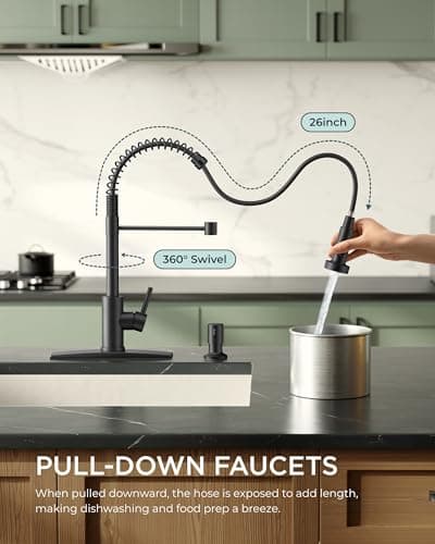 FORIOUS Black Kitchen Faucet with Pull Down Sprayer, Stainless Steel Commercial Single Handle Classic Spring Pull Out Kitchen Sink Faucet for Pot Filler, Farmhouse Camper Bar Laundry Room — view 2