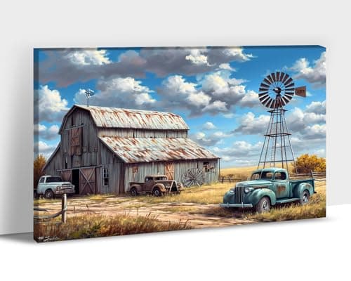 Farmhouse Prints Wall Art, Vintage Barn and Old Truck Picture Canvas Wall Art, Retro Windmill Canvas Prints, Country Rustic Landscape Picture for Farmhouse Living Room, Bedroom Wall Decor 12x18 Inches