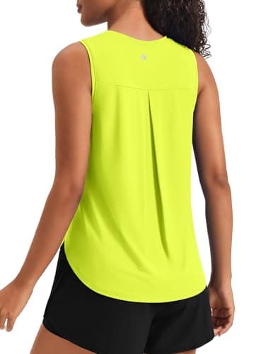 PINSPARK Women's Workout Tank Tops Back Pleat Loose Fit Sleeveless Yoga Athletic Shirts Soft UPF 50+ Cooling Running Gym Tops, Neon Yellow, Medium
