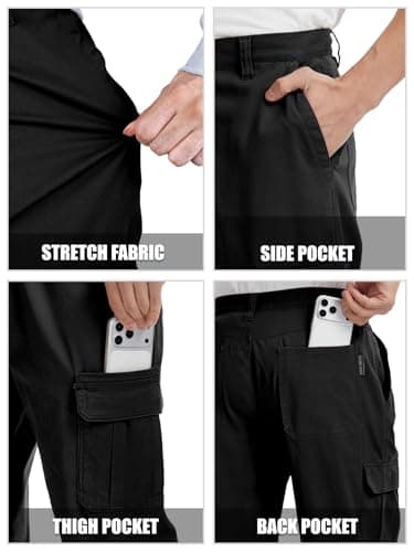 WORK IDEA Men's Stretch Cargo Pants, Relaxed Fit Flex Cotton Utility Trousers with 6 Pockets for Work, Outdoor & Travel, Black, 38W x 30L — view 2