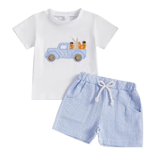 Toddler Baby Boy Easter Outfits Short Sleeve Truck Embroidery T-Shirt + Shorts Set Boys Spring Clothes (White, 6-12 Months)