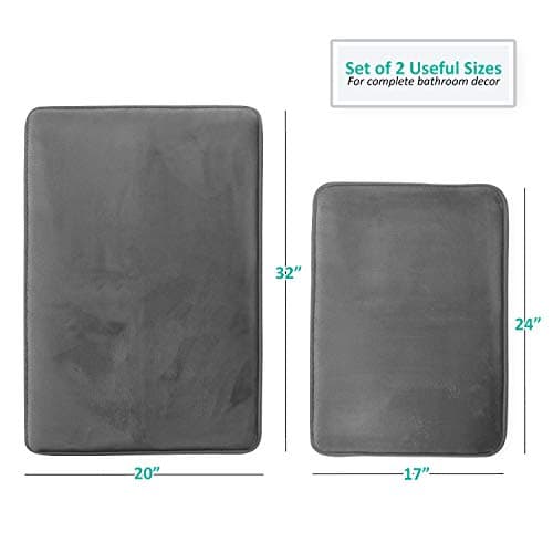 Clara Clark Bath Mat Set – Memory Foam Bath Mat - Soft Bathroom Rug - Non Slip and Super Absorbent - Fast Drying Machine Washable Bath Mat Set of 2 20 x 32, 17 x 24, Grey