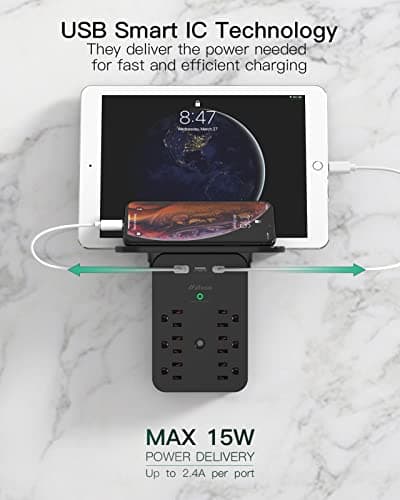 Wall Outlet Extender - Surge Protector 6 AC Outlets Multi Plug Outlet with Shelf, 2 USB and USB C Charging Ports Wall Plug Expander, USB Wall Charger Outlet Splitter for Home (Black) — view 3