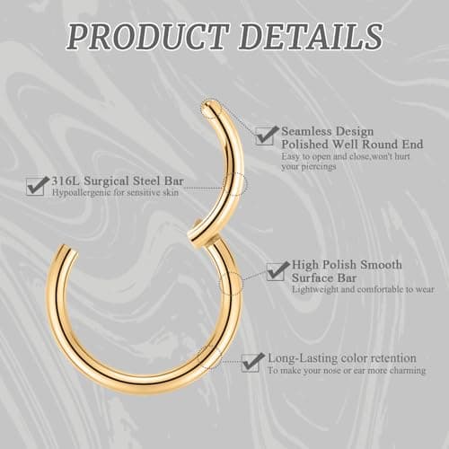 16g Nose Ring Hoop Earrings Gold Nose Hoops 16 Gauge Lip Rings Septum Hoop Seamless Septum Clicker 8mm Septum Ring Cartilage Earring Helix Earring Rook Earrings Nose Rings Surgical Steel — view 4