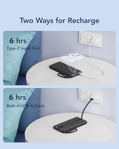 VRURC Portable Charger, Built-in 4 Cables Slim Power Bank 10000mAh, USB C Charging Bank with LED Display, Compact Travel Battery Pack with 5 Outputs for Multi Devices, Android-Black(1 Pack) — view 4
