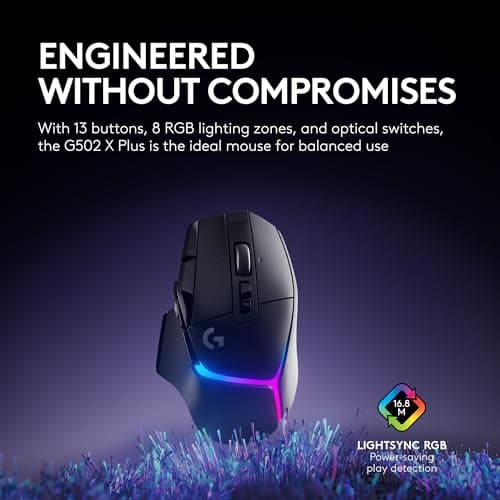 Logitech G502 X Plus Wireless Gaming Mouse: Optical Switches, LIGHTSYNC RGB, 13 Buttons, Infinite Scroll Toggle, <130 hr Battery Life, USB-C, PowerPlay Wireless Charging Capable, for PC/MacOS - Black — view 3