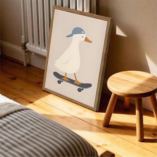 Cute Goose Wall Art Funny Silly Goose Skateboard Wall Decor Painting Whimsical Duck Poster Canvas Print Picture for Living Room Bedroom 12x16 inch Wood Framed — view 5