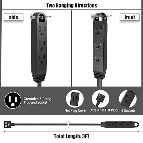 CABOCASA 3FT Ultra Flat Plug Extension Cord Power Strip with 3 Outlets, Patented Detachable Ultra-Thin Outlet Cover Concealer & Ultra-Flat Plug, Max. 13A 125V 1625W ETL Listed, Black Color — view 2