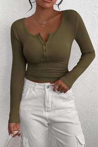PRETTYGARDEN Women's 2026 Fall Long Sleeve Henley T Shirts Button Ribbed Knit Slim Fit Basic Tops Blouse Casual Outfits (Army Green,Small) — view 2