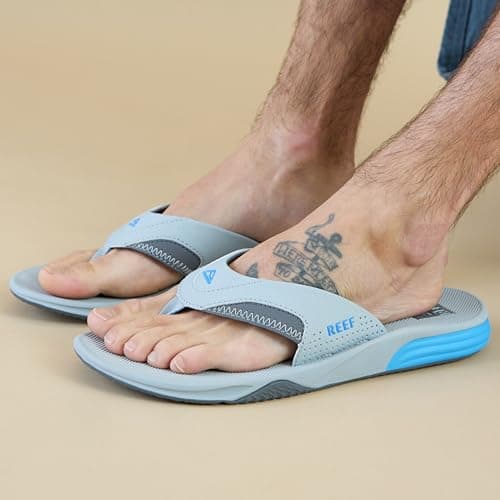 REEF Mens Cushion Fanning Flip Flop, Arch Support, Durable Outsole, Water Friendly, Tan/Grey, 12