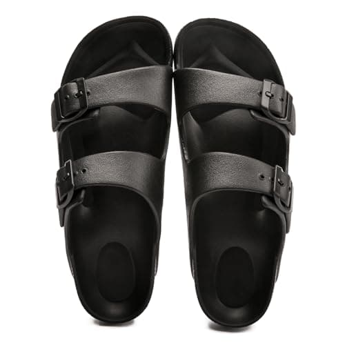 FUNKYMONKEY Women's Comfort Slides with Arch Support, Non-Slip Lightweight Foam Slip-on Flat Beach Sandals with Adjustable Buckle for Vacation & Everyday Wear(9 M US-Women, Black) — view 7