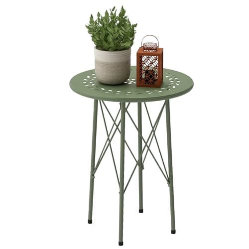 Outsunny 15.7" Round Garden Table with Floral Cut-Out, Steel Balcony Side Bistro Coffee Table, Outdoor Furniture with Adjustable Feet for Patio Garden, Green
