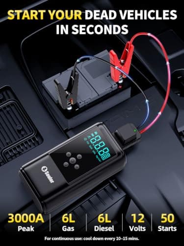 6000A Booster Pack Jump Starter with Air Compressor, Car Booster Battery Pack,10-in-1 Battery Power Pack 12V Jump Box with 160PSI Tire Inflator LED Light and Jumper Cables (10L Diesel All Cars) — view 2