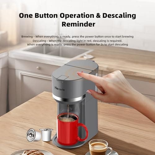 Horavie Mini Single Serve Coffee Maker for K Cup Pods and Grounds, Fast Brew One Cup Coffee Machine with Descaling Reminder and Water Window, 6 to 12 oz. Brew Sizes, Gray — view 3