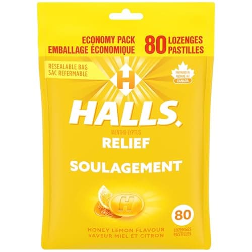 HALLS Honey Lemon Flavour Cough Drops, Throat Lozenges, Sore Throat Relief, Mentho-Lyptus, 80 Lozenges, Prepared in Canada