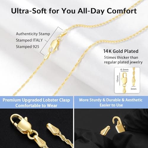 Girluky 14K Gold Plated Chains Necklace for Women, 2MM Rope Chains Gold Chain for Women Sturdy Gold Chain, Gold Necklace 18 Inch — view 2