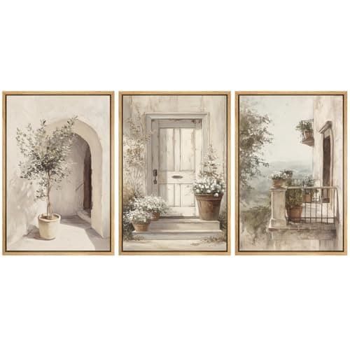 wall26 Framed Canvas Print Wall Art Set Mediterranean Courtyard with Olive Trees and Sunlit Doorway Illustrations Modern Art Decorative Multicolor for Living Room, Bedroom, Office - 24"x36"x3 NATURAL
