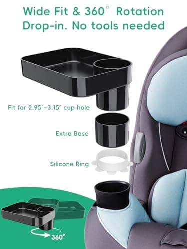 BBSDA Car Seat Cup Holder Snack Tray for Kids, Reduces Mess, Detachable Large Base & Adjustable Ring, Carseat Tray for Toddler, Car Seat Food Tray Eating Table for Kids Travel Road Trip Essentials — view 4