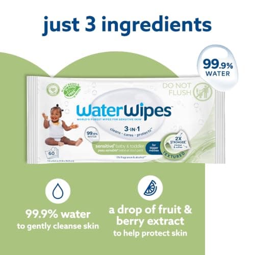 WaterWipes Sensitive+ Baby & Toddler Wipes, 3-In-1 Cleans, Cares, Protects, 99.9% Water, Textured Clean, Unscented & Hypoallergenic, 720 Count (12 Packs) — view 4