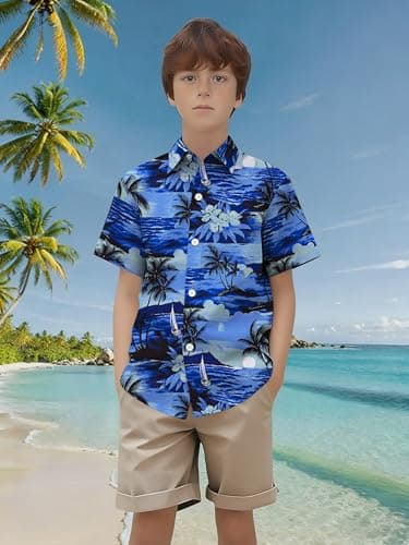QAUN Hawaiian Shirt for Kids Boys Hawaiian Shirts Summer Button Down Shirt Cusual Tops 5-14 Years