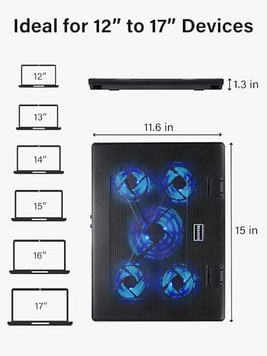 Kootek Laptop Cooling Pad, Laptop Cooler with 5 Quiet Fans for 12"-17" Computer PC Notebook Gaming Laptop Fan, Height Adjustable Laptop Cooling Stand Laptop Accessories, Blue — view 6