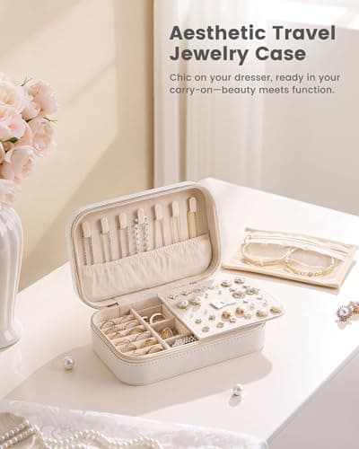 Lolalet Travel Jewelry Case for Women Girls, Travel Jewelry Organizer with Clear Storage Bag Small Portable Jewelry Box for Necklace Bracelet Earring Ring Valentines Bridesmaid Gifts -Medium/Beige — view 5