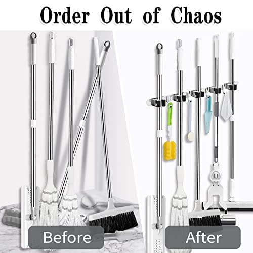 5 Racks and 4 Hooks Mop and Broom Holder Wall Mount, Broom Organizer Storage Tool Racks Stainless Steel Heavy Duty Hooks Self Adhesive Solid Non-slip for Home Kitchen Garden Laundry Garage — view 5