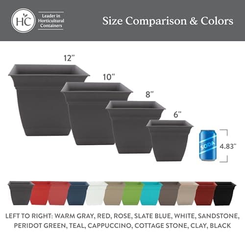 The HC Companies Eclipse Square Plastic Planter w/Attached Saucer - Outdoor & Indoor Plant Pot with Drainage Holes - Lightweight, UV-Resistant Plastic Pots for Plants (8" Warm Gray, Pack of 4) — view 5
