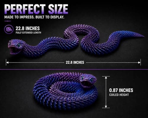 Articulated Crystal Snake – 3D Printed Flexible Snake Figurine, 58 cm (23 in) Poseable Serpent with Movable Mouth, Realistic Eyes, Fantasy Desk Decor (Ages 14+), (Purple) — view 2