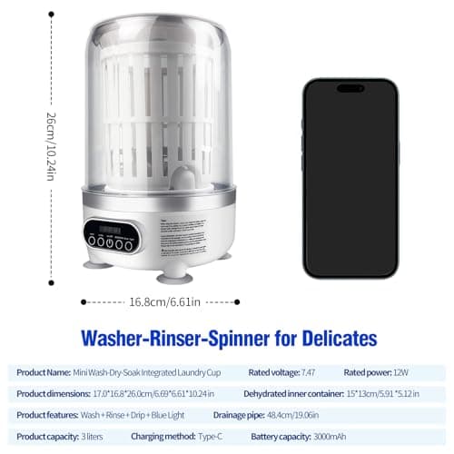 Portable Mini Washing Machine | Compact Deep Cleans Underwear, Baby Clothes, Small Laundry | Type-C, Spin-Dry & UV /4000 mAh Battery (3L-WHITE) — view 4