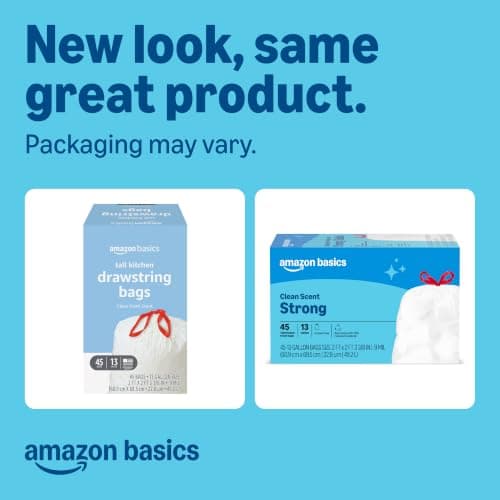 Amazon Basics Tall Kitchen Drawstring Trash Bags, Clean Fresh Scent, 13 Gallon, 45 Count, Packaging May Vary