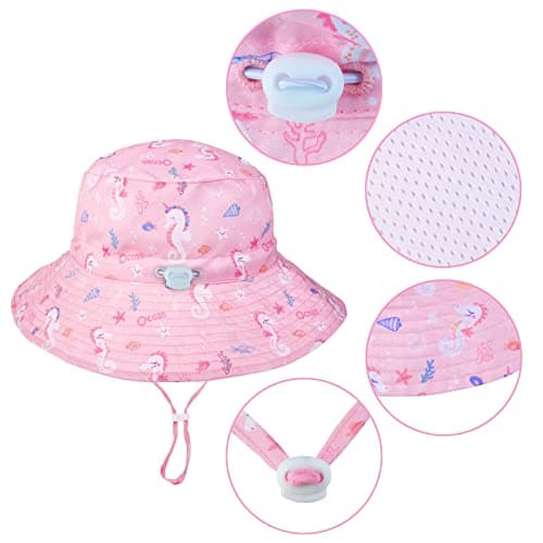 LO SHOKIM Baby Sun Hat 2 Pack Toddler UPF 50+ Summer Sun Protection Wide Brim Bucket Hat Baby Girl Beach Hat Boy Kids Adjustable Cap Summer (Pink Seahorse + Red Rose, M)