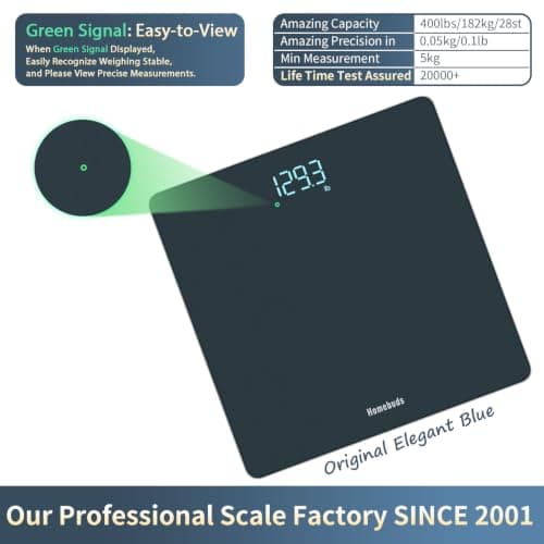 Homebuds Digital Weight Scale, High Precision in 0.1lb by Our Professional Scale Factory Since 2001, Scale Body Weight LED Display and Step-On, 3*AAA Batteries Included, 400lb/182kg, Blue — view 2