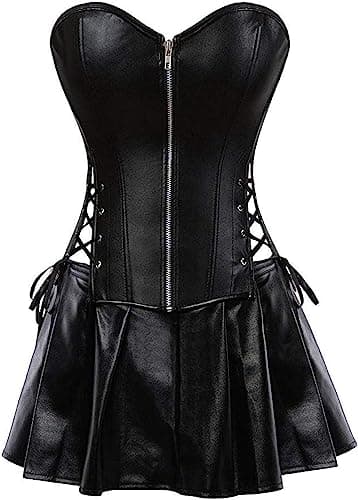 KSHUN Women's Plus Size Leather Steampunk Corset Skirt Set Sexy Punk Rock Gothic Corset Dress (Black,3X-Large)