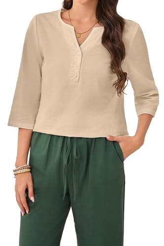 SHOLOW Women Cotton Linen Blouses Dressy Casual 3/4 Length Sleeve Womens Tops Button Down V Neck T Shirt Khaki