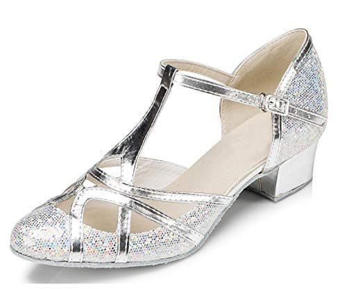 Minishion Women's T-strap Dance Heels Glitter Salsa Ballroom Shoes Wedding Party Pumps, Silver-3.5cm Heel, 10