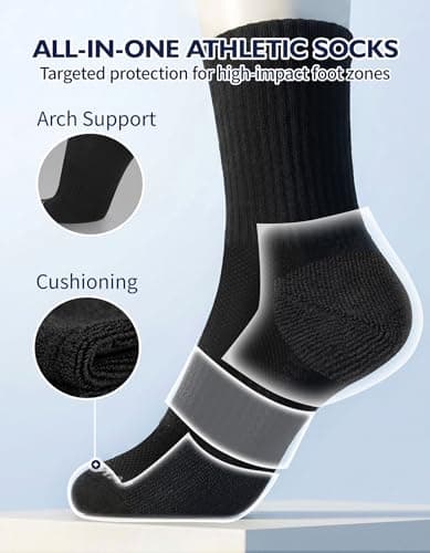 CLOSEMATE Men's Moisture-Wicking Cushioned Performance Socks Athletic Crew Socks for Basketball, Running, Gym Work, and Daily Activities 6 Pairs(3 Black 3 White, Size M) — view 3