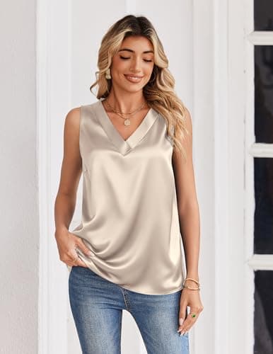 Zeagoo Women's Silk Satin Tank Tops V Neck Camisoles Business Casual Blouses Dressy Summer Sleeveless Shirts Champagne — view 2